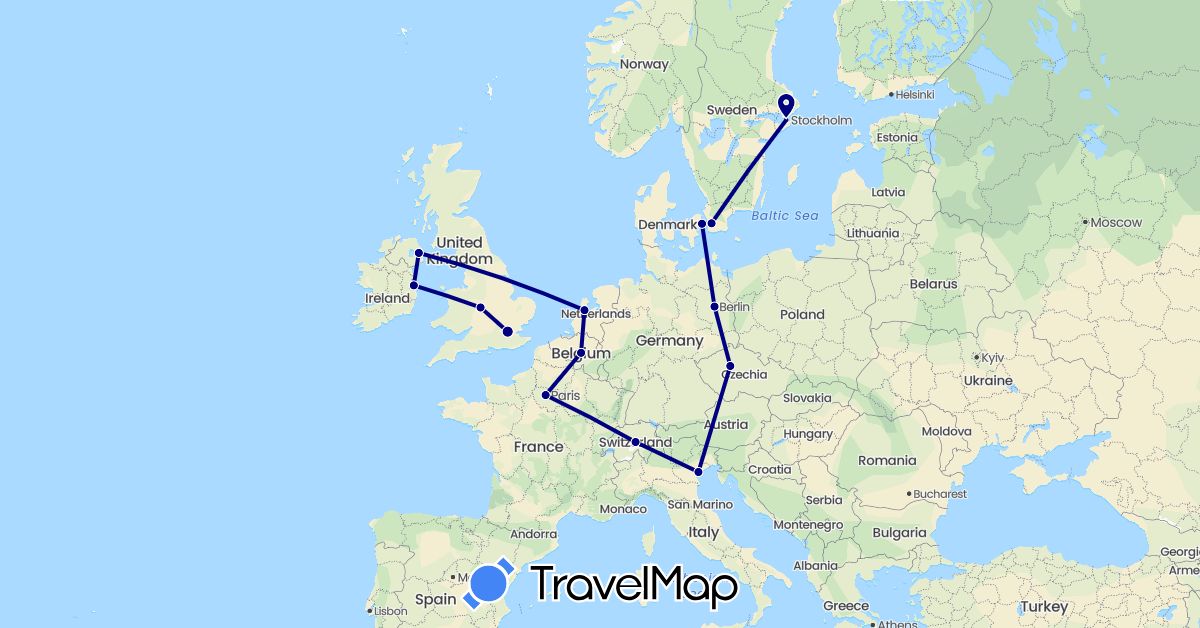 TravelMap itinerary: driving in Belgium, Czech Republic, Germany, Denmark, France, United Kingdom, Ireland, Italy, Netherlands, Sweden (Europe)